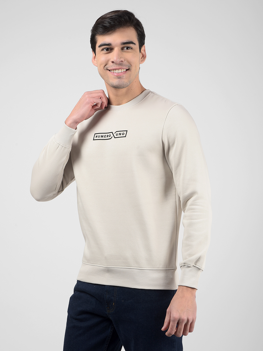 Numero Uno Men Logo Print Beige Sweat Shirt